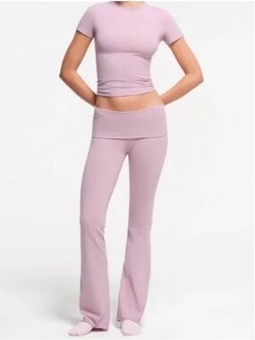 SKIMS Cotton Jersey Foldover Flare Lounge Yoga Pants in Dusk Mauve Pink